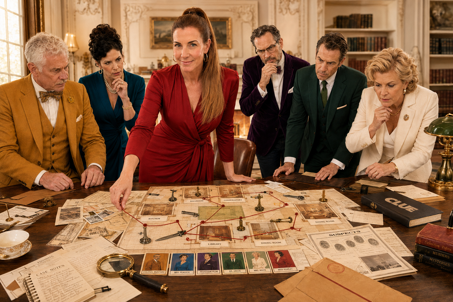 Carrie Loranger and the suspects gathered around a Clue board covered in case files, suspect cards, and red string.