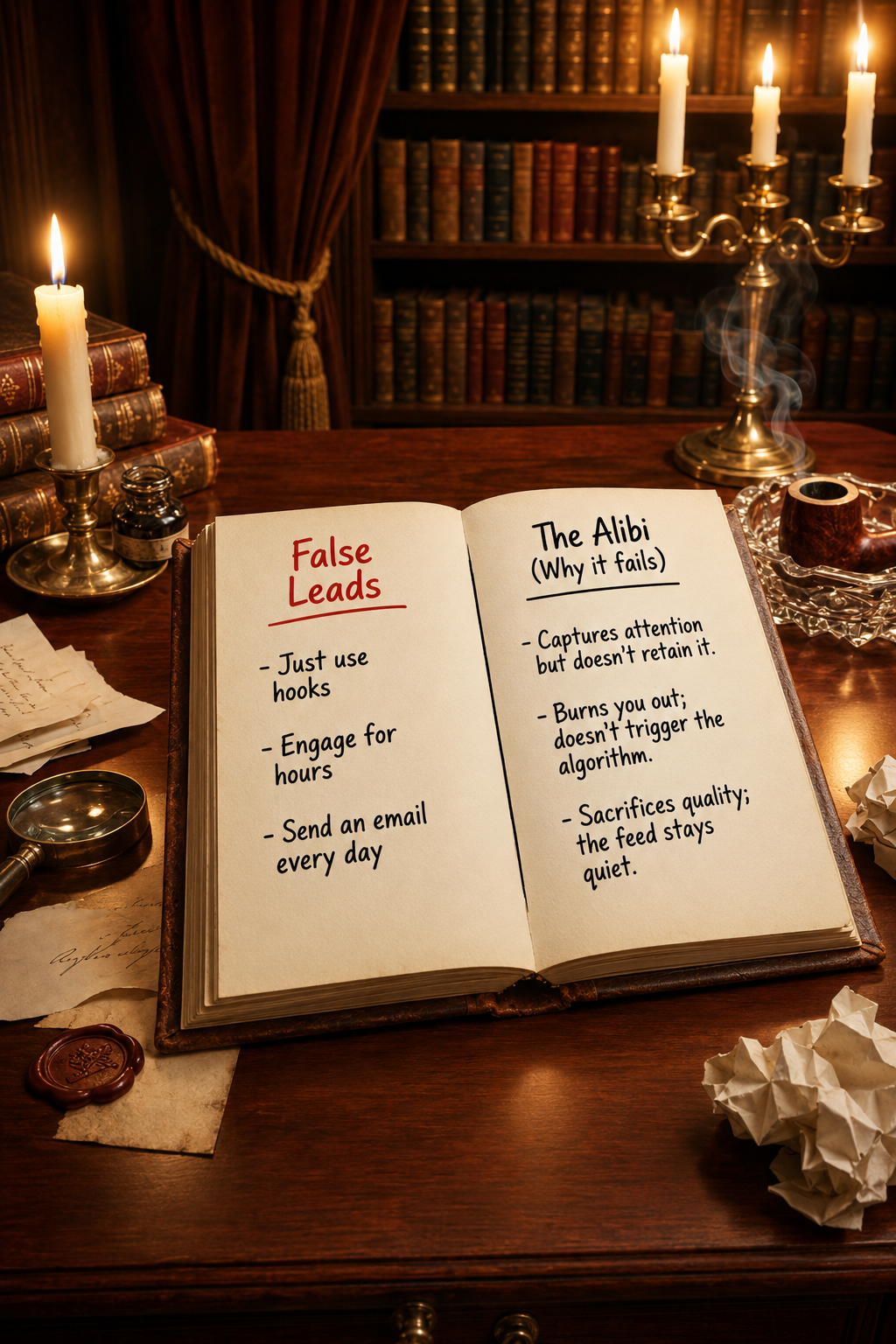 An open casebook on a candlelit desk with False Leads, The Alibi, and The Smoking Gun pages.